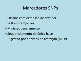 Marcadores SNPs
–Ensaios com extensão de primers
–PCR em tempo real
–Minissequenciamento
–Sequenciamento de única base
–Digestão por enzimas de restrição (RFLP)
 