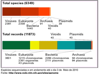 Espécies sequenciadas e em andamento até o dia 3 de Maio de 2010
Fonte: http://www.ncbi.nlm.nih.gov/sites/genome
 