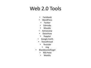 Web 2.0 Tools
• Facebook
• WordPress
• Twitter
• Edmodo
• Moodle
• Activeview
• Datashow
• Popplet
• Google Earth
• Voicethread
• Youtube
• Jing
• Blackboard/Angel
• RSS Feed
• Weebly
 