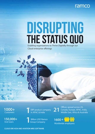 the Status QuoEnabling organizations to Thrive Digitally through our
Cloud enterprise oﬀerings
Billion USD Ramco
Group Company1
Customers
1000+
End Users
150,000+
Worldwide employees
1600+
Oﬃces spread across US,
Canada, Europe, APAC, India,
Middle East, Africa & Australia
211ERP product company
in APAC & India
st
CLOUD ERP, HCM AND AVIATION MRO SOFTWARE
Disrupting
 