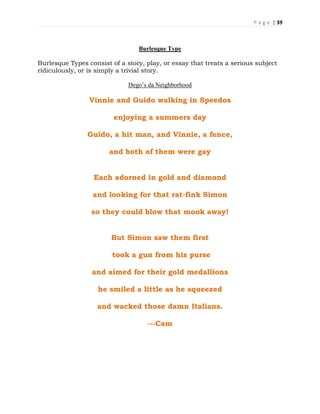 P a g e | 39
Burlesque Type
Burlesque Types consist of a story, play, or essay that treats a serious subject
ridiculously, or is simply a trivial story.
Dego’s da Neighborhood
Vinnie and Guido walking in Speedos
enjoying a summers day
Guido, a hit man, and Vinnie, a fence,
and both of them were gay
Each adorned in gold and diamond
and looking for that rat-fink Simon
so they could blow that mook away!
But Simon saw them first
took a gun from his purse
and aimed for their gold medallions
he smiled a little as he squeezed
and wacked those damn Italians.
---Cam
 