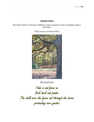 P a g e | 60
Narrative Poetry
Narrative Poetry is found in different types of poetry such as Ballads, Epics,
and Lays.
Photo courtesy of Francia Nelson
Why it not be me?
Fade in and focus on
Kick back and ponder
The child over the fence and through the trees
pretending over yonder
 