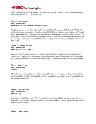 valves via hand held tool. Also engaged EH5 penetrator with class 4 ROV tool. RIH with lower and upper
crown plugs and install XT cap to finish job.
Sept 10 – Sept 17th 2012
Day Controls Lead
LLOG Who Dat Tree #14 Dock Test and XT install
Complete dock test in Fourchon. Operate XT valves and HP/LP functions via ETU through SCM. Finish
and trend pressure tests on valves. Complete silicon fill of SCM and load onto boat. Ride out on XT install
boat. Get to well lower XT down onto well head and using MTRT guide XT onto well head. Once MTRT is
pulled from XT have functioned lock cycle to lock it onto well head. Personnel move to rig to complete sub
sea testing of XT using Oceaneering IWOCS system. Start up communications via FMC ETU software to
SCM on XT.
August 12 – August 31st 2012
Day Controls Lead
LLOG Who Dat Tree #14 SIT
Operation of HPU to function valves on EHXT through MQC plate. Install SCM, hook up and function
SPCTU and ETU software to communicate with XT. Preformed high and low pressure test. Due to issues
with connector also assisted in removing connector from XT, redressing connector and re installing in XT.
May 12 – May 23rd 2012
Day Controls Lead
Nexxen
SIT for Nexxen. Set up and operate HPU for Nexxen SIT. Completed nitrogen pre charge of accumulators
on HPU and SCM for PLET. Installed SCM on PLET. Vented fluid and nitrogen from HPU and had it ready
for shipment at end of SIT.
March 8 – April 3rd 2012
Day Controls Lead
Shell Llano 3
Decomplete of Shell Llano 3 15k EVXT. Testing of electrical testing of EFL’s, Run and secure EFL’s on to
BOP stack. Run e-line reel. Set up ETU software to function valves on XT and to log and trend data to send
to Shell offices for review.
March 3 – March 4 2012
 