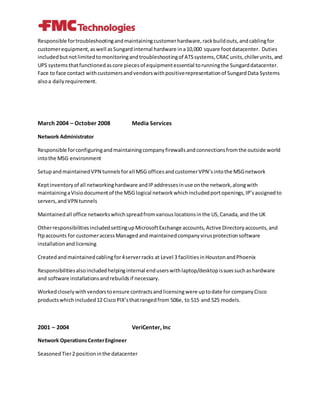 Responsible fortroubleshootingandmaintainingcustomerhardware,rackbuildouts,andcablingfor
customerequipment,aswell asSungardinternal hardware ina10,000 square footdatacenter. Duties
includedbutnotlimitedtomonitoringandtroubleshootingof ATSsystems,CRACunits,chillerunits,and
UPS systemsthatfunctionedascore piecesof equipmentessential torunningthe Sungarddatacenter.
Face to face contact withcustomersandvendorswithpositiverepresentationof SungardData Systems
alsoa dailyrequirement.
March 2004 – October 2008 Media Services
Network Administrator
Responsible forconfiguringandmaintainingcompanyfirewallsandconnectionsfromthe outside world
intothe MSG environment
SetupandmaintainedVPN tunnelsforall MSG officesandcustomerVPN’sintothe MSGnetwork
Keptinventoryof all networkinghardware andIPaddressesinuse onthe network,alongwith
maintainingaVisiodocumentof the MSG logical networkwhichincludedportopenings,IP’sassignedto
servers,andVPN tunnels
Maintainedall office networkswhichspreadfromvariouslocationsinthe US,Canada,and the UK
OtherresponsibilitiesincludedsettingupMicrosoftExchange accounts,Active Directoryaccounts,and
ftpaccounts for customeraccessManagedand maintainedcompanyvirusprotectionsoftware
installationandlicensing
Createdandmaintainedcablingfor4serverracks at Level 3 facilitiesinHoustonandPhoenix
Responsibilitiesalsoincludedhelpinginternal enduserswithlaptop/desktopissuessuchashardware
and software installationsandrebuildsif necessary.
Workedcloselywithvendorstoensure contractsandlicensingwere uptodate for companyCisco
productswhichincluded12 CiscoPIX’sthatrangedfrom 506e, to 515 and 525 models.
2001 – 2004 VeriCenter, Inc
Network OperationsCenterEngineer
SeasonedTier2 positioninthe datacenter
 