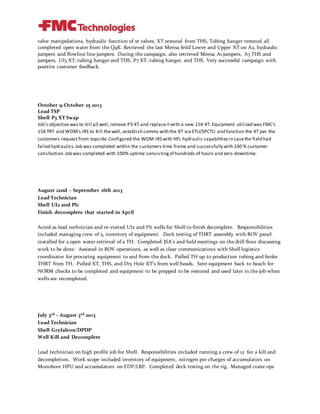 valve manipulations, hydraulic function of xt valves, XT removal from THS, Tubing hanger removal all
completed open water from the Q4K. Retrieved the last Mensa feild Lower and Upper XT on A2, hydraulic
jumpers and flowline line jumpers. During the campaign, also retrieved Mensa A1 jumpers, A3 THS and
jumpers, UI3 XT, tubing hanger and THS, P7 XT, tubing hanger, and THS. Very successful campaign with
positive customer feedback.
October 9-October 25 2013
Lead TSP
Shell P3 XT Swap
Job's objective was to kill p3 well,remove P3 XT and replaceitwith a new 15K XT. Equipment utilized was FMC's
15K TRT and WOM's IRS to Kill thewell, establish comms with the XT via ETU/SPCTU and function the XT per the
customers request from topside.Configured the WOM IRS with HFL hydraulic capabilitiesin casethe field had
failed hydraulics.Job was completed within the customers time frame and successfully with 100 % customer
satisfaction.Job was completed with 100% uptime consistingof hundreds of hours and zero downtime.
August 22nd – September 16th 2013
Lead Technician
Shell UI2 and PI1
Finish decomplete that started in April
Acted as lead technician and re-visited UI2 and PI1 wells for Shell to finish decomplete. Responsibilities
included managing crew of 5, inventory of equipment. Deck testing of THRT assembly with ROV panel
installed for a open water retrieval of a TH. Completed JSA’s and held meetings on the drill floor discussing
work to be done. Assisted in ROV operations, as well as clear communications with Shell logistics
coordinator for procuring equipment to and from the dock. Pulled TH up to production tubing and broke
THRT from TH. Pulled XT, THS, and Dry Hole XT’s from well heads. Sent equipment back to beach for
NORM checks to be completed and equipment to be prepped to be restored and used later in the job when
wells are recompleted.
July 3rd – August 3rd 2013
Lead Technician
Shell Gryfalcon/DPDP
Well Kill and Decomplete
Lead technician on high profile job for Shell. Responsibilities included running a crew of 12 for a kill and
decompletion. Work scope included inventory of equipment, nitrogen pre charges of accumulators on
Monobore HPU and accumulators on EDP/LRP. Completed deck testing on the rig. Managed crane ops
 