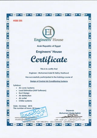 H,[8E-2il5
Wxxgxm '$i[*uss
Arab Republic of Egypt
Engineers' House
This is to certify lhot
Engineer: Mohomed Adel EI-Hefny Hodhoud
Hos successfully porticipoted in lhe trqining course of
Desiqn of Centrol Air Conditioninq Systems
Syllobus:
. Air cond. Systems
. Lood Eslimotion (HAP Softwore)
. Ducl Design
. Air dislribution
. Air outlel
. Chiller systems
Dole: Oclober 2015
The number of hours: 30
+20] I 4B0l 59,l 6
o-.,pljJ|
-
-orr rt ll J* - ,fJ$t ,.j.i,t"
f_.tt i 1 7 o'11-
+201 1 I 0255335 +20109423001 1
a
I
Depends
Mohomed Abdel-F
 