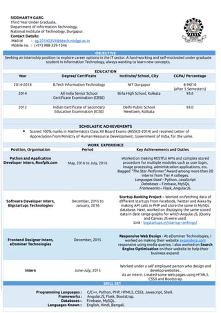 SIDDHARTH GARG
Third Year Under Graduate,
Department of Information Technology,
National Institute of Technology, Durgapur.
Contact Details:
Mail-id : sg.20140359@btech.nitdgp.ac.in
Mobile no. : (+91) 988-359-1346
OBJECTIVE
Seeking an internship position to explore career options in the IT sector. A hard-working and self-motivated under graduate
student in Information Technology, always wanting to learn new concepts.
EDUCATION
Year Degree/ Certificate Institute/ School, City CGPA/ Percentage
2014-2018 B.Tech Information Technology NIT Durgapur 8.94/10
(after 5 Semesters)
2014 All India Senior School
Certificate Examination (CBSE)
Birla High School, Kolkata 93.6
2012 Indian Certificate of Secondary
Education Examination (ICSE)
Delhi Public School
Newtown, Kolkata
93.0
SCHOLASTIC ACHIEVEMENTS
 Scored 100% marks in Mathematics Class XII Board Exams (AISSCE-2014) and received Letter of
Appreciation from Ministry of Human Resource Development, Government of India, for the same.
WORK EXPERIENCE
Position, Organisation Period Key Achievements and Duties
Python and Application
Developer Intern, Roofpik.com May, 2016 to July, 2016
Worked on making RESTful APIs and complex stored
procedure for multiple modules such as user login,
image processing, administration applications, etc.
Bagged “The Star Performer” Award among more than 20
interns from Tier A colleges.
Languages Used – Python, JavaScript
Databases – Firebase, MySQL
Frameworks – Flask, AngularJS
Software Developer Intern,
Bigstartups Technologies
December, 2015 to
January, 2016
Startup Ranking Project – Worked on fetching data of
different startups from Facebook, Twitter and Alexa by
making API calls in PHP and store the same in MySQL
database. Next, worked on displaying the same stored
data in date range graphs for which AngularJS, jQuery
and Canvas JS were used.
Link - bigstartups.in/startup-rankings/
Frontend Designer Intern,
eDominer Technologies
December, 2015
Responsive Web Design - At eDominer Technologies, I
worked on making their website expanderp.com
responsive using media queries. I also worked on Search
Engine Optimisation on their website to help their
business expand.
Intern June-July, 2015
Worked under a self employed person who design and
develop websites .
As an intern, created some web pages using HTML5,
CSS3 and Bootstrap.
SKILL SET
Programming Languages : C/C++, Python, PHP, HTML5, CSS3, Javascript, Shell.
Frameworks : AngularJS, Flask, Bootstrap.
Databases : Firebase, MySQL.
Languages Known : English, Hindi, Bengali.
 