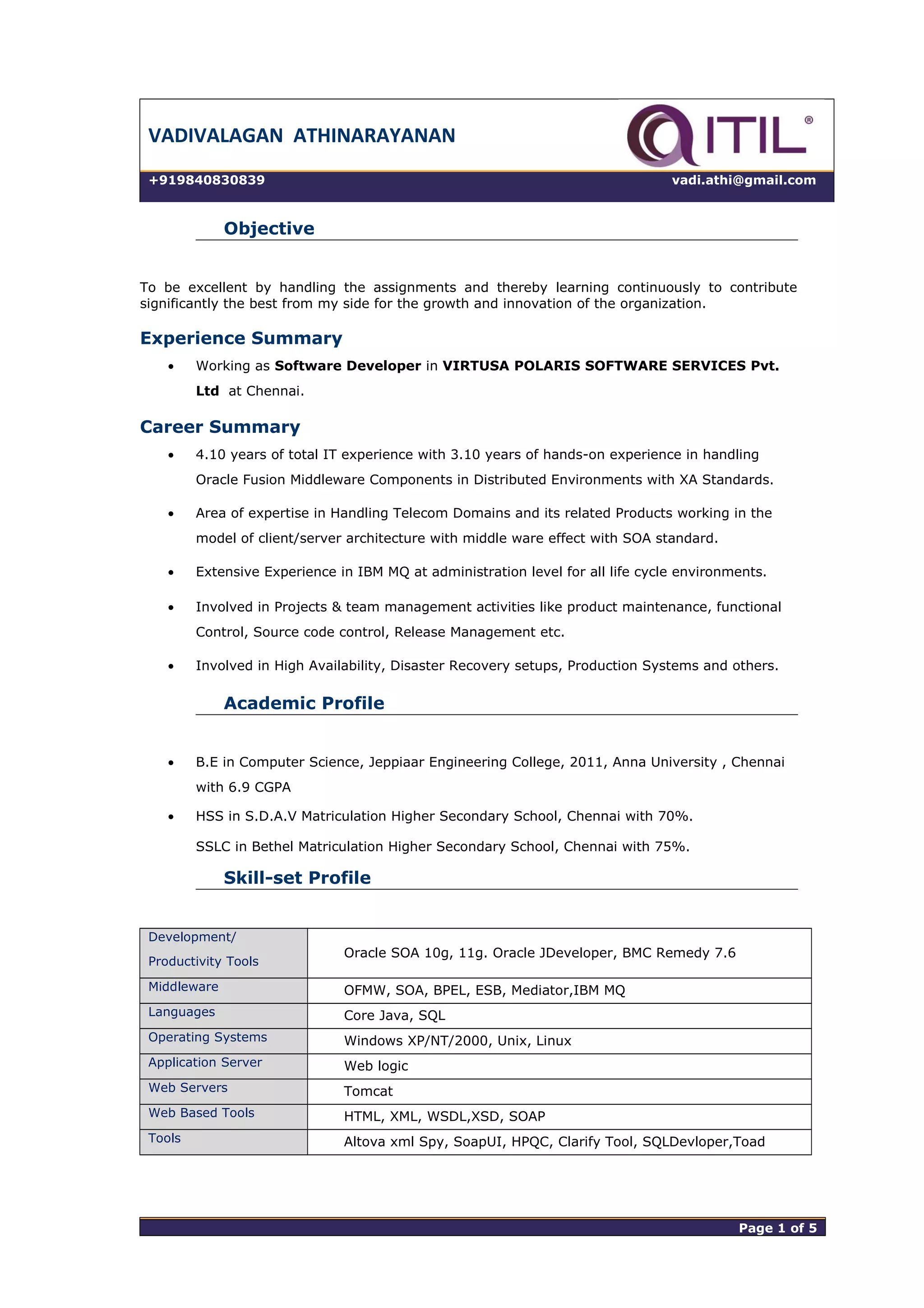VADIVALAGAN ATHINARAYANAN
+919840830839 vadi.athi@gmail.com
Objective
To be excellent by handling the assignments and thereby learning continuously to contribute
significantly the best from my side for the growth and innovation of the organization.
Experience Summary
• Working as Software Developer in VIRTUSA POLARIS SOFTWARE SERVICES Pvt.
Ltd at Chennai.
Career Summary
• 4.10 years of total IT experience with 3.10 years of hands-on experience in handling
Oracle Fusion Middleware Components in Distributed Environments with XA Standards.
• Area of expertise in Handling Telecom Domains and its related Products working in the
model of client/server architecture with middle ware effect with SOA standard.
• Extensive Experience in IBM MQ at administration level for all life cycle environments.
• Involved in Projects & team management activities like product maintenance, functional
Control, Source code control, Release Management etc.
• Involved in High Availability, Disaster Recovery setups, Production Systems and others.
Academic Profile
• B.E in Computer Science, Jeppiaar Engineering College, 2011, Anna University , Chennai
with 6.9 CGPA
• HSS in S.D.A.V Matriculation Higher Secondary School, Chennai with 70%.
SSLC in Bethel Matriculation Higher Secondary School, Chennai with 75%.
Skill-set Profile
Development/
Productivity Tools
Oracle SOA 10g, 11g. Oracle JDeveloper, BMC Remedy 7.6
Middleware OFMW, SOA, BPEL, ESB, Mediator,IBM MQ
Languages Core Java, SQL
Operating Systems Windows XP/NT/2000, Unix, Linux
Application Server Web logic
Web Servers Tomcat
Web Based Tools HTML, XML, WSDL,XSD, SOAP
Tools Altova xml Spy, SoapUI, HPQC, Clarify Tool, SQLDevloper,Toad
Page 1 of 5 Page 1 of 5
 