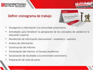 Definir cronograma de trabajo
• Divulgación e información a la comunidad universitaria.
• Actividades para fortalecer la apropiación de los conceptos de calidad en la
educación superior.
• Recolección de información (documental – estadística – opinión).
• Análisis de información.
• Construcción del informe.
• Presentación del informe al Consejo Académico.
• Socialización de resultados a la comunidad universitaria.
• Preparación de visita de pares.
 