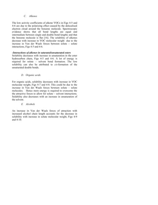 C. Alkenes
The low activity coefficients of alkene VOCs in Figs 4-5 and
4-6 are due to the polarizing effect caused by the delocalised
electron cloud around the benzene molecule. Spectroscopic
evidence shows that all bond lengths are equal and
intermediate between single and double bond lengths and that
the benzene molecule is flat [16]. The solubility of alkenes
decrease with increase in VOC molecular weight due to the
increase in Van der Waals forces between solute – solute
interactions, Figs 4-5 and 4-6.
-Interactions of alkenes in saturated/unsaturated esters
Solubility decreases with increase in unsaturation in the ester
hydrocarbon chain, Figs 4-5 and 4-6. A lot of energy is
required for solute – solvent bond formation. The low
solubility can also be attributed to cis-formation of the
unsaturated double bonds.
D. Organic acids
For organic acids, solubility decreases with increase in VOC
molecular weight, Figs 4-7 and 4-8. This could be due to the
increase in Van der Waals forces bewteen solute – solute
molecules. Hence more energy is required to overcome the
the attractive forces to allow for solute – solvent interactions.
Solubility also decreases with an increase in unsaturation of
the solvent.
E. Alcohols
An increase in Van der Waals forces of attraction with
increased alcohol chain length accounts for the decrease in
solubility with increase in solute molecular weight, Figs 4-9
and 4-10.
 