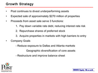 MMSWEquity Research
Growth Strategy
• Post continues to divest underperforming assets
• Expected sale of approximately $270 million of properties
• Proceeds from asset sale serve 3 functions:
1. Pay down variable rate debt, reducing interest rate risk
2. Repurchase shares of preferred stock
3. Acquire properties in markets with high barriers to entry
• Company Goals
- Reduce exposure to Dallas and Atlanta markets
Geographic diversification of core assets
- Restructure and improve balance sheet
 