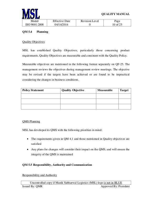 manik quality manual quality policy format