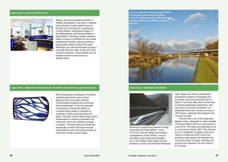 ©ResearchFrontiersInc
Case study: Research Frontiers Inc. Patented SPD-SmartGlass Technology
SPD-SmartGlass is Research Frontiers’
patented electronic solar control
glazing, which provides instantly
customisable shading fully controlled
by the passenger. It can be operated
individually to create the effect of
a shade being raised or lowered to
precisely control incoming heat and
glare. The light-control technology allows
passengers to instantly, precisely and
uniformly control the shading of glass
or plastic. The smart glazing enhances
passenger comfort and also reduces
maintenance costs and saves energy by
reducing climate control usage.
case study: Station office suites
Regus, the world’s largest provider of
flexible workspaces, has drop-in satellite
work places at major stations around
Europe, such as those at Luxembourg
Central Station, Amersfoort Station in
the Netherlands, and Geneva Station in
Switzerland. The Regus station network
offers a variety of facilities for the mobile
professional worker, making working in
noisy public areas a thing of the past.
Members can use the business lounge or
a private office to meet, email, print, and
conduct business. These spaces can be
booked at short notice and on a
flexible basis.
©Regus
Building on experience gained through
proposing the High Speed 1 route
in the UK, and the design and project
management of the delivery, Arup is
providing route engineering design
for a new 400kph high-speed rail line
between London and the West Midlands.
Case study: Designing for speed
High-speed can offer a sustainable,
progressive means of managing the
economic and environmental cost of
travel. It can also offer fast connectivity,
a positive passenger experience, and
can result in economic benefits. It is
estimated that trains will be running on
HS2 Phase 1 between Birmingham and
London by 2026.
The first test runs of the Japanese
Maglev trains, designed to reach speeds
of around 500km per hour, took place in
June 2013. The trains are expected to be
in commercial use by 2027. The ultimate
aim is to establish a maglev track from
Tokyo to Osaka by 2045, which will
provide a high speed link between the
north and south of Japan, slashing the
journey time between the two cities to
67 minutes.
(Top) An impression of the proposed HS2 rail
link between London and Birmingham.
(Inset) The Japanese Maglev bullet trains have
reached speeds of up to 580km per hour in
test runs.
©Arup
©Yosemite(WikimediaCommons)
36 37Future of Rail 2050 Foresight + Research + Innovation
 