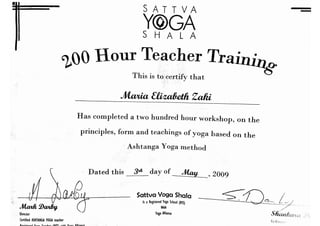Sattva Yoga Shala Certificate