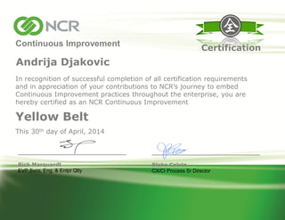 Andrija Djakovic
In recognition of successful completion of all certification requirements
and in appreciation of your contributions to NCR’s journey to embed
Continuous Improvement practices throughout the enterprise, you are
hereby certified as an NCR Continuous Improvement
Yellow Belt
This 30th day of April, 2014
______________________________
Rick Marquardt
EVP Svcs, Eng, & Entpr Qlty
Continuous Improvement
Certification
______________________________
Blake Colvin
CX/CI Process Sr Director
 