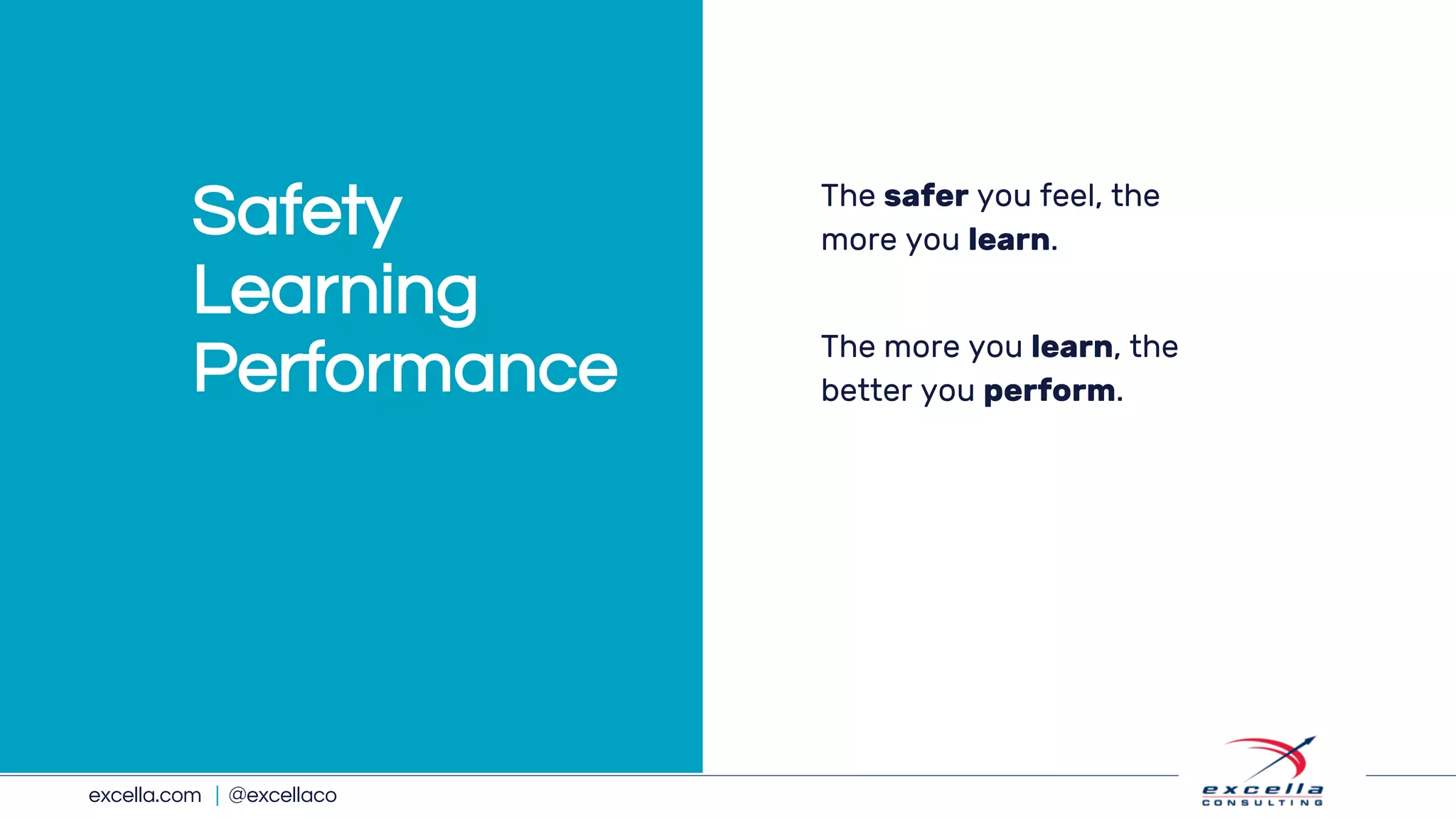 excella.com | @excellaco
The safer you feel, the
more you learn.
The more you learn, the
better you perform.
Safety
Learning
Performance
 