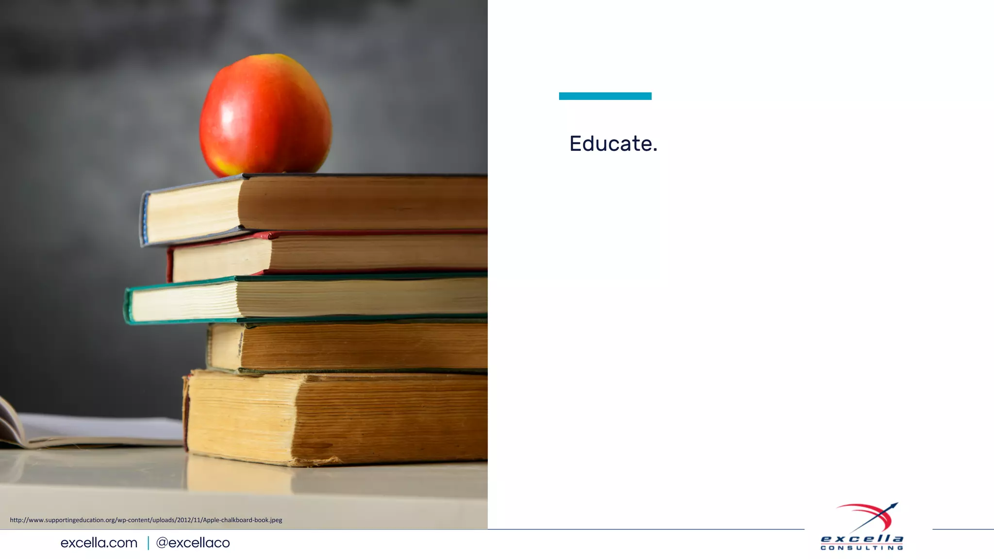 excella.com | @excellaco
Educate.
http://www.supportingeducation.org/wp-content/uploads/2012/11/Apple-chalkboard-book.jpeg
 