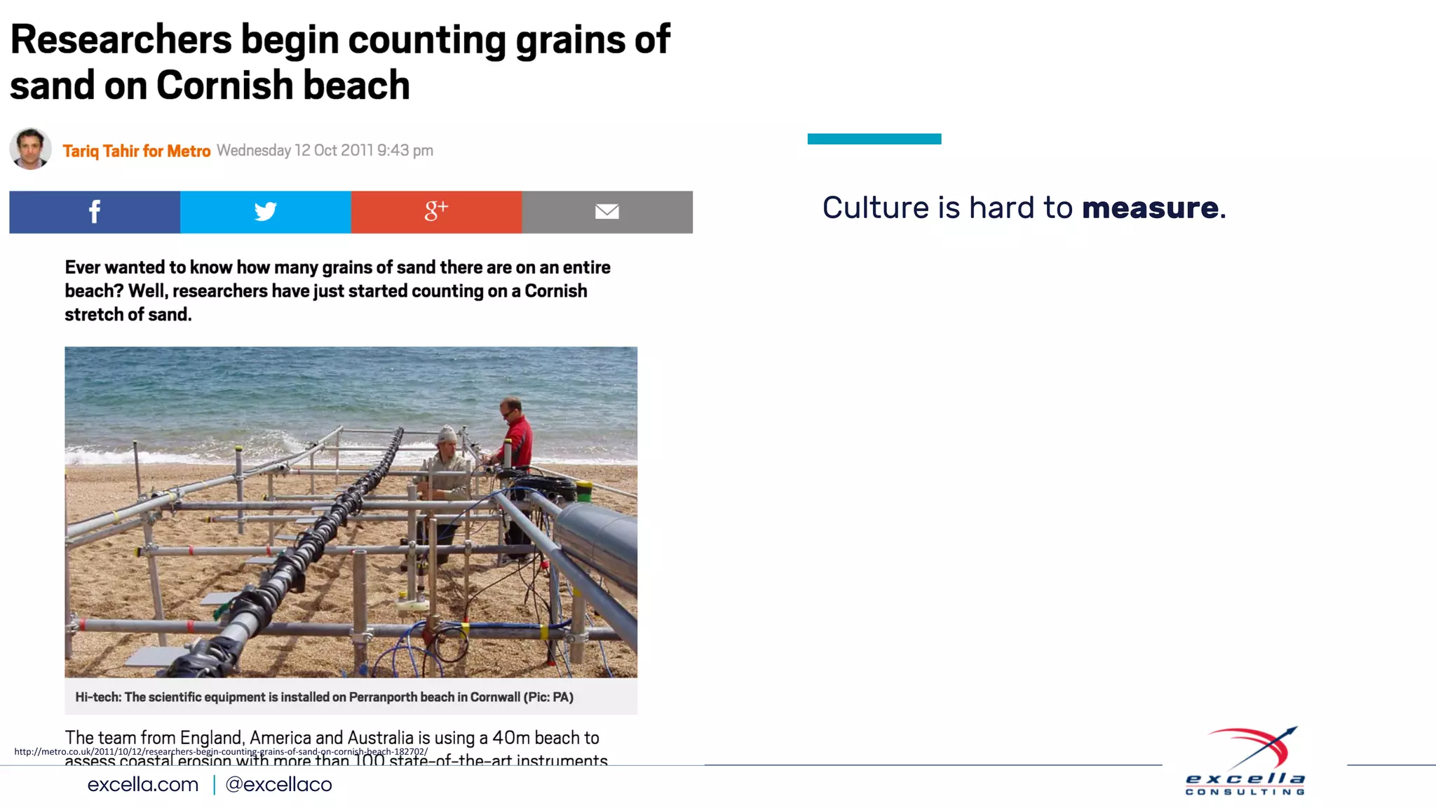 excella.com | @excellaco
Culture is hard to measure.
http://metro.co.uk/2011/10/12/researchers-begin-counting-grains-of-sand-on-cornish-beach-182702/
 