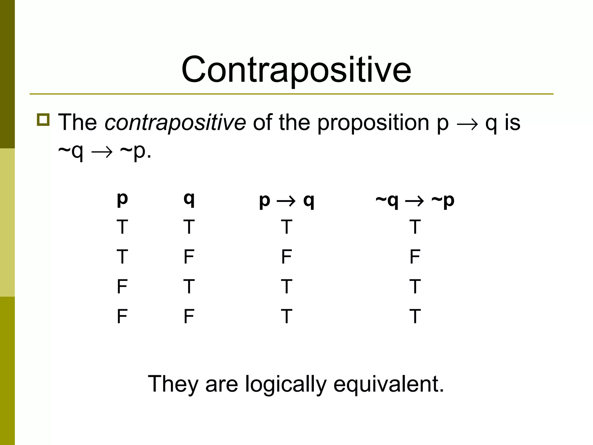 Contrapositive
 The contrapositive of the proposition p → q is
~q → ~p.
They are logically equivalent.
p q p → q ~q → ~p
T T T T
T F F F
F T T T
F F T T
 