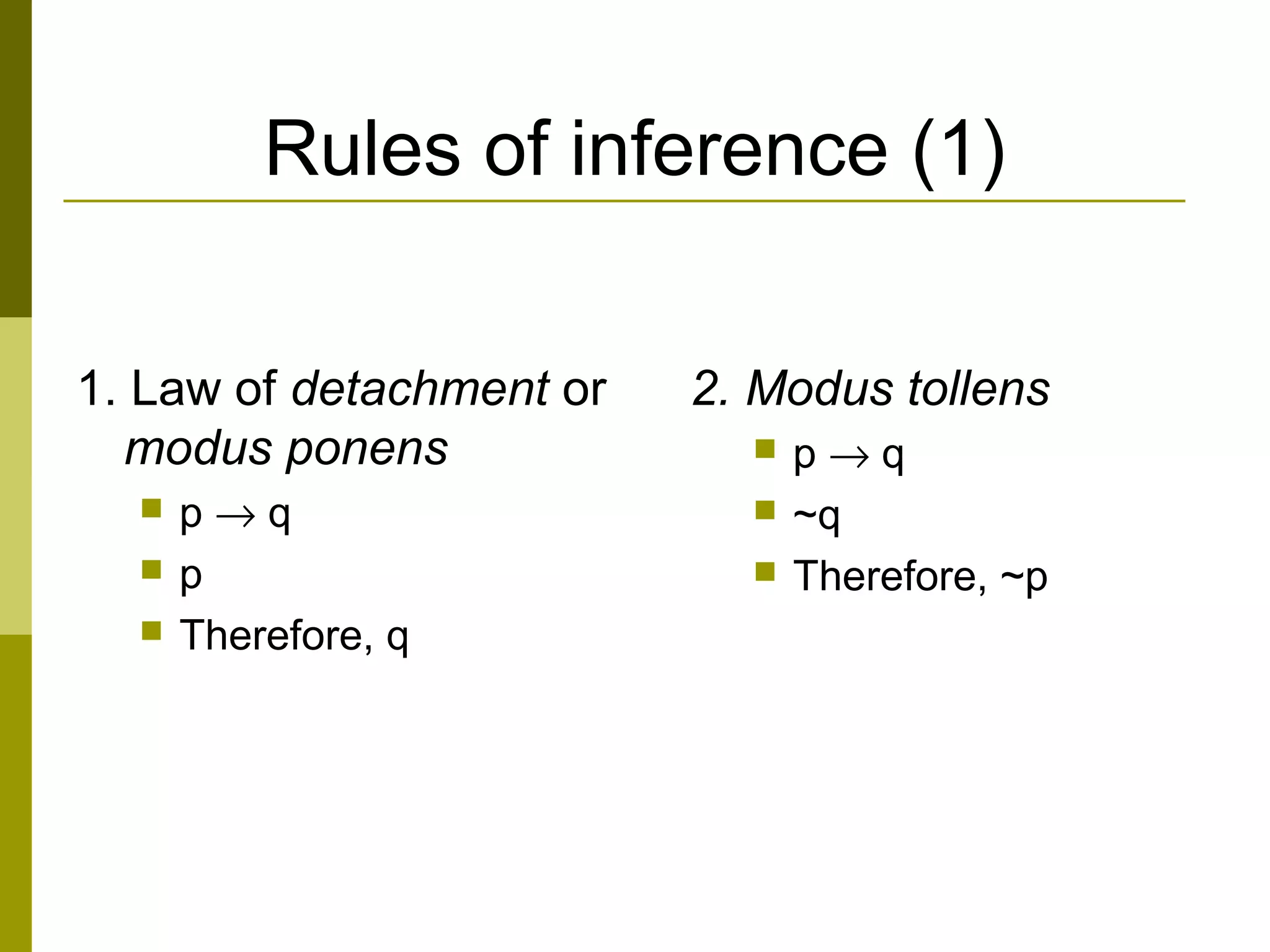 Rules of inference (1)
1. Law of detachment or
modus ponens
 p → q
 p
 Therefore, q
2. Modus tollens
 p → q
 ~q
 Therefore, ~p
 