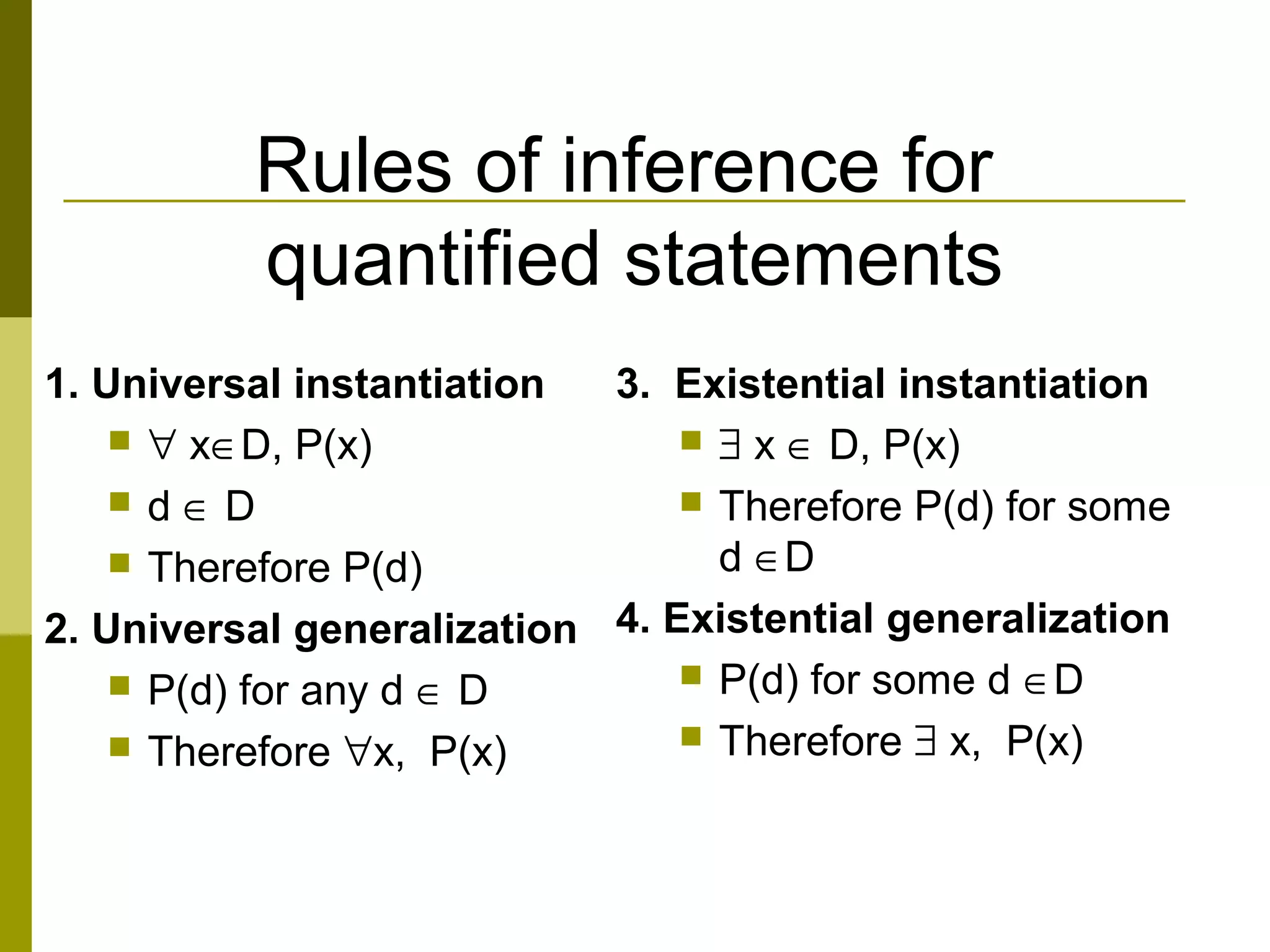 Rules of inference for
quantified statements
1. Universal instantiation
 ∀ x∈D, P(x)
 d ∈ D
 Therefore P(d)
2. Universal generalization
 P(d) for any d ∈ D
 Therefore ∀x, P(x)
3. Existential instantiation
 ∃ x ∈ D, P(x)
 Therefore P(d) for some
d ∈D
4. Existential generalization
 P(d) for some d ∈D
 Therefore ∃ x, P(x)
 