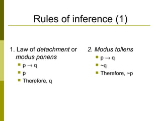 Rules of inference (1)
1. Law of detachment or
modus ponens
 p → q
 p
 Therefore, q
2. Modus tollens
 p → q
 ~q
 Therefore, ~p
 