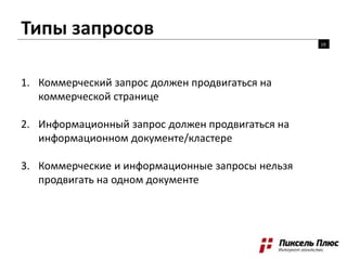 Типы запросов
1. Коммерческий запрос должен продвигаться на
коммерческой странице
2. Информационный запрос должен продвигаться на
информационном документе/кластере
3. Коммерческие и информационные запросы нельзя
продвигать на одном документе
19
 