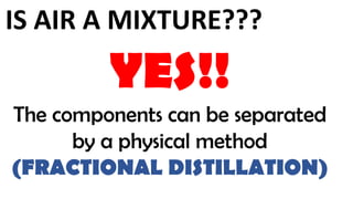 IS AIR A MIXTURE???
YES!!
The components can be separated
by a physical method
(FRACTIONAL DISTILLATION)
 
