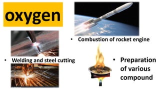 oxygen
• Combustion of rocket engine
• Welding and steel cutting • Preparation
of various
compound
 