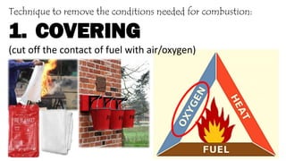 Technique to remove the conditions needed for combustion:
1. COVERING
(cut off the contact of fuel with air/oxygen)
 