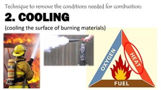 Technique to remove the conditions needed for combustion:
2. COOLING
(cooling the surface of burning materials)
 