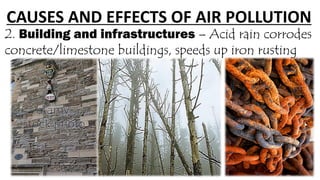 2. Building and infrastructures – Acid rain corrodes
concrete/limestone buildings, speeds up iron rusting
CAUSES AND EFFECTS OF AIR POLLUTION
 