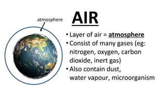 atmosphere
• Layer of air = atmosphere
• Consist of many gases (eg:
nitrogen, oxygen, carbon
dioxide, inert gas)
• Also contain dust,
water vapour, microorganism
AIR
 