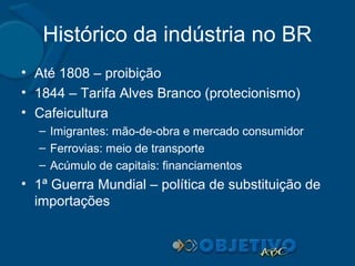 Histórico da indústria no BR
• Até 1808 – proibição
• 1844 – Tarifa Alves Branco (protecionismo)
• Cafeicultura
– Imigrant...