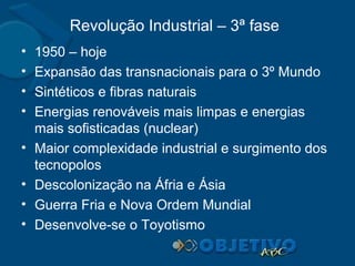 Revolução Industrial – 3ª fase
•
•
•
•
•
•
•
•

1950 – hoje
Expansão das transnacionais para o 3º Mundo
Sintéticos e fibras naturais
Energias renováveis mais limpas e energias
mais sofisticadas (nuclear)
Maior complexidade industrial e surgimento dos
tecnopolos
Descolonização na Áfria e Ásia
Guerra Fria e Nova Ordem Mundial
Desenvolve-se o Toyotismo

 