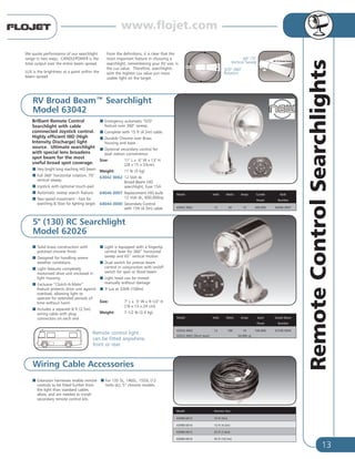 13
RV Broad Beam™ Searchlight
Model 63042
RemoteControlSearchlights
Wiring Cable Accessories
Extension harnesses enable remote
controls to be fitted further from
the light than standard cables
allow, and are needed to install
secondary remote control kits.
For 135 SL, 146SL, 155SL (12
Volts dc), 5” chrome models.
We quote performance of our searchlight
range in two ways; CANDLEPOWER is the
total output over the entire beam spread.
LUX is the brightness at a point within the
beam spread.
From the definitions, it is clear that the
most important feature in choosing a
searchlight, remembering your RV size, is
the Lux value. Therefore, searchlights
with the highest Lux value put more
usable light on the target.
60°-75°
Vertical Sweep
320°-360°
Rotation
Brilliant Remote Control
Searchlight with cable
connnected Joystick control.
Highly efficient HID (High
Intensity Discharge) light
source. Ultimate searchlight
with special lens broadens
spot beam for the most
useful broad spot coverage.
Very bright long reaching HID beam
Full 360° horizontal rotation, 70°
vertical sweep.
Joystick with optional touch-pad.
Automatic sweep search feature.
Two-speed movement - Fast for
searching & Slow for lighting target.
Emergency automatic "SOS"
feature over 360° sweep.
Complete with 15 ft (4.5m) cable.
Durable Chrome over Brass
housing and base.
Optional secondary control for
dual station convenience.
Size: 11" L x 6" W x 13" H
(28 x 15 x 33cm).
Weight: 11 lb (5 kg)
63042 0062 12 Volt dc
Broad-Beam HID
searchlight, fuse 15A
64046 0007 Replacement HID bulb
12 Volt dc, 600,000cp
64044 0000 Secondary Control
with 15ft (4.5m) cable.
Model Volts Watts Amps Spot/ Sealed Beam
Flood Number
62026-4002 12 100 10 100,000/ 67296-0000
62022-4002 (Short base) 50,000 cp
Model Volts Watts Amps Candle Bulb
Power Number
63042 0062 12 50 15 600,000 64046 0007
5" (130) RC Searchlight
Model 62026
Solid brass construction with
polished chrome finish
Designed for handling severe
weather conditions
Light features completely
motorized drive unit enclosed in
light housing
Exclusive “Clutch-A-Matic”
feature protects drive unit against
overload, allowing light to
operate for extended periods of
time without harm
Includes a separate 8 ft (2.5m)
wiring cable with plug
connectors on each end
Light is equipped with a fingertip
control lever for 360˚ horizontal
sweep and 65˚ vertical motion
Dual switch for precise beam
control in conjunction with on/off
switch for spot or flood beam
Light head can be moved
manually without damage
9 Lux at 330ft (100m)
Size: 7" L x 5" W x 9-1/2" H
(18 x 13 x 24 cm).
Weight: 7-1/2 lb (3.4 kg).
Remote control light
can be fitted anywhere,
front or rear.
Model Harness Size
43990-0013 10 ft (3m)
43990-0014 15 ft (4.5m)
43990-0015 25 ft (7.6m)
43990-0016 35 ft (10.7m)
www.flojet.com
 