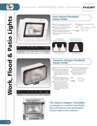 14
Work,Flood&PatioLights
TRAPEZOIDAL BULB
Model 45960-0000
FLOOD BULB
Model 45960-0001
Flush Mount Floodlight
Model 45960
Flush mount floodlights for side area
lighting or safe backup lighting
Expand your outside hours with the
convenience of flood lights
Two beam patterns to choose from: Flood
Bulb or Trapezoidal Bulb patterns
Flood bulbs recommended for backup
mounting
Trapezoidal bulbs are right for patio
side mount
Size: 8-7/8" L x 6-9/16" H x 3-3/16" D
(22.5 x 17 x 8cm)
Weight: 3.3 lb (1.5 kg)
Model Volts Watts Amps Sealed Beam
Number
45960-0000 Trap 12 50 3.8 18753-0352
45960-0001 Flood 12 50 3.8 18753-0351
Tungsten Halogen Floodlight
Model 45900
High power, long-life floodlights
With 9,900 bulb candlepower
and 450 hour average life, our
tungsten halogen bulbs deliver
50% more light and 50% more
life than ordinary incandescent
bulbs
Isolated sealed beam design,
high impact polypropylene white
housing, and stainless hardware
Built to stand up to severe
outdoor environment; have
passed rigorous tests including
salt spray, water immersion,
1,200 psi high pressure spray,
and 5 g shock testing, all with
zero damage
Has earned a reputation as being
one of the most reliable heavy
duty lighting products made
Mounting bracket included is
designed for easy fitting in a
variety of installations
Size: 5" L x 3" W
(12.7 x 7.7cm)
Weight:: 1 lb (0.5 kg)
Model Volts Watts Amps Candle Bulb
Power Number
45900-1000 12 50 4 9,900 45903-0002
Rear Mounted Side Mounted
The Jabsco Halogen Floodlight
is packaged in a colorful retail display
box, with features and specifications
clearly visible to the customer.
www.flojet.com
 