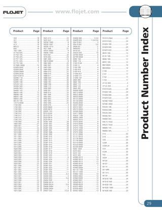 29
ProductNumberIndex
320 ......................................18
321 ......................................18
350 ......................................18
413 ......................................19
805-Q ..................................19
830 ......................................19
1821 004..............................21
01750 045............................10
01750 145............................10
01750 245............................10
01751 145............................10
01751 245............................10
01770 100..............................1
017885 000A ......................15
02009 004C ..........................4
02009 004C ..........................4
02009 008A ..........................4
02009 043A ..........................4
02019 001A ..........................4
02090 118..............................6
02095 105..............................4
02095 108..............................4
03526 144..............................2
04306 500..............................3
04406 043..............................3
04406 143..............................3
08035 100............................12
08046 100............................12
08055 100............................12
08055 200............................12
08135 100............................12
12573-0000 ..........................8
1740 000 ............................10
1740 002..............................10
1740 003 ............................10
1740 004 ............................10
1740 010 ............................10
1740 012 ............................10
1740 014 ............................10
1740 375..............................10
1740 900..............................10
1800 000..............................27
1800 001..............................27
1810 003..............................22
1810 005..............................22
1810 006..............................22
1811 000..............................21
1811 002..............................21
1811 003..............................21
1812 000..............................21
1815 000..............................23
1815 002..............................23
1815 004..............................23
1820 000..............................22
1820 001..............................22
1820 002..............................22
1820 003..............................22
1820 004..............................22
1820 005..............................22
1820 006..............................22
1820 007..............................22
1821 000..............................21
1821 001..............................21
1821 002..............................21
1821 003..............................21
1822 000..............................21
1822 007..............................21
1822 008..............................21
1825 000..............................23
1825 001..............................23
1825 003..............................23
1825 004..............................23
1825 005..............................23
1825 006..............................23
1825 015..............................23
1825 022..............................23
18550 1000............................9
18550 1001............................9
18550 1010............................9
1821 008..............................22
18555 000A ..........................9
18690 1000............................9
1870 001..............................24
1870 002..............................24
1881 000..............................25
18810-0000 ..........................8
1882 000..............................25
1882 007..............................25
1883 000..............................25
1884 000..............................25
1884 010..............................25
1888 010..............................26
1888 011..............................26
1888 020..............................26
1888 103..............................26
1888 105..............................26
1888 108..............................26
1888 110..............................26
1890 000..............................25
1890 001..............................25
1890 010..............................25
1891 004..............................25
1892 002..............................25
1892 003..............................25
1892 005..............................25
1892 008..............................25
2009 076................................3
2009 080A ............................5
2009 087A ............................5
20095 103..............................4
2019 024A ............................3
2019 027A ............................5
2029 087A ............................3
2029 091A ............................5
20381 000 ..........................28
20381 002 ..........................28
20381 003 ..........................28
20381 006 ..........................28
20381 007 ..........................28
20381 008............................11
20381 009 ..........................11
20381 010 ..........................11
20381 012 ..........................11
20381 013 ..........................11
20381 014............................11
20381 015 ..........................11
20381 016............................11
20381 017 ..........................11
20381 018 ..........................11
20381 019 ..........................11
20381 020 ..........................11
20381 022..............................6
20381 024 ..........................11
20381 026 ..........................11
20381 031 ..........................11
20381 032 ..........................11
20381 033 ..........................11
20381 034 ..........................11
20381 036 ..........................11
20403 040 ..........................3,5
20404 000..............................3
20404 003 ..........................5,6
20404 009..............................3
20406 001A ..........................3
20406 002A ........................5,6
20406 008A ..........................3
20406 040A ..........................2
20407 030........................3,5,6
20408 000........................3,5,6
20409 043..................1,3,4,5,6
20419 001..............................3
20419 002 ..........................5,6
3406143.................................2
3406343.................................2
3416143.................................2
20420 040............................10
20796 000A ..........................6
20799 000A ..........................6
2090 104................................3
2090 118................................5
2100 014A ..........................15
2100-12 ................................4
2100-740 ..............................4
2100-916 ..............................4
2100-919 ..............................4
21046-057 ............................4
21046-121 ............................4
21046-187 ............................4
2840 000 ..............................6
2840 100................................6
2840 110 ..............................6
2840 120 ..............................6
2840 300 ..............................6
30004-0000 ..........................7
30015-0000 ..........................7
30022-0000 ..........................7
30033-0000 ..........................7
30123-0000 ..........................7
30126-0000 ..........................7
30200-0000 ..........................7
30201-0000 ..........................7
30573 0001............................8
30573 0004............................8
34344-0000 ..........................9
35471 0000 ..........................9
35620 1100 ..........................7
36950 2000 ..........................7
36950 2010 ..........................7
37075-0092 ..........................9
37075-0094 ..........................9
37075-1092 ..........................9
37075-1094 ..........................9
37075-3092 ..........................9
37075 3094 ..........................9
37121 0000 ..........................7
37121 0010 ..........................7
37176 0000............................7
37178 0000 ..........................7
42510-0000 ..........................5
42520-0000 ..........................5
42530-0000 ..........................5
4305 144A ............................4
4325 043................................5
4325 143 ..............................5
4325 343 ..............................5
43990 0013 ........................13
43990 0014 ........................13
43990 0015 ........................13
43990 0016 ........................13
43990-0061 ..........................7
43990-0064 ..........................7
44114-1100 ..........................7
44127-1000 ..........................7
45900 1000 ........................14
45903 0002 ........................14
45960 0000 ........................14
45960 0001 ........................14
59500-0012 ........................15
59500-0024 ........................15
62022-4002 ........................13
62026-4002 ........................13
63042 0062..........................13
91010 256A ........................22
B1819 020............................24
B1828 100............................24
B1828 300............................24
B1829 020............................24
8035 100..............................12
8135 100..............................12
8046 100..............................12
8055 100..............................12
BW1000A ............................16
BW3000A ............................16
C100 ....................................17
C101 ....................................17
C102 ....................................17
C103 ....................................17
LF122 002 ..............................2
LF122 202 ..............................2
R1819 020............................24
R1828 100............................24
R1828 300............................24
R1829 020............................24
R2580 100A ..........................1
R2580 300A ..........................1
R3426 148..............................2
R3426-348..............................2
R3526 344..............................2
R4306 501..............................3
R4406 343..............................3
R4515 743A ..........................1
R4525 743A ..........................1
R6806 145...............................1
R6806 345...............................1
V14 ......................................20
V16 ......................................20
V20 ......................................20
V20R ....................................20
V20R-24 ..............................20
V33 ......................................20
V33R ....................................20
V42 ......................................20
V42R ....................................20
W104 ..................................20
W107 ..................................20
W114 ..................................20
W118PK ..............................20
W-131C ................................20
W139 ..................................20
W1818 100 ..........................24
W1818 500 ..........................24
W1828 100 ..........................24
W1828 1000 ........................24
W1828 300 ..........................24
Product Page Product Page Product Page Product Page
www.flojet.com
 