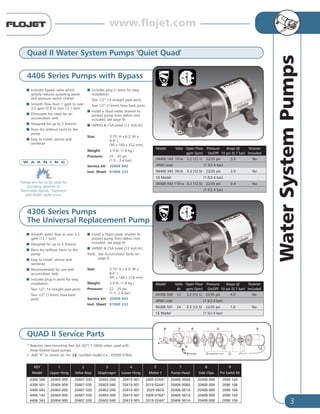 3
WaterSystemPumps
Quad II Water System Pumps 'Quiet Quad'
4406 Series Pumps with Bypass
4306 Series Pumps
The Universal Replacement Pump
I Includes bypass valve which
greatly reduces pulsating water
and pressure switch chatter
I Smooth flow from 1 gpm to over
3.2 gpm (3.8 to over 12.1 lpm)
I Eliminates the need for an
accumulator tank
I Designed for up to 5 fixtures
I Runs dry without harm to the
pump
I Easy to install, service and
winterize
I Includes plug in ports for easy
installation:
Two 1/2”-14 straight pipe ports
Two 1/2”-(13mm) hose barb ports
I Install a Flojet water strainer to
protect pump from debris (not
included, see page 9)
I IAPMO & CSA listed (12 Volt dc)
Size: 3.75" H x 6.3" W x
9.9" L
(95 x 160 x 252 mm)
Weight: 3.9 lb. (1.8 kg.)
Pressure: 22 - 35 psi
(1.5 - 2.4 bar)
Service kit: 20409 043
Inst. Sheet: 81000 233
I Smooth water flow to over 3.2
gpm (12.1 lpm)
I Designed for up to 5 fixtures
I Runs dry without harm to the
pump
I Easy to install, service and
winterize
I Recommended for use with
accumulator tank
I Includes plug in ports for easy
installation:
Two 1/2”-14 straight pipe ports
Two 1/2” (13mm) hose barb
ports
I Install a Flojet water strainer to
protect pump from debris (not
included, see page 9)
I IAPMO & CSA listed (12 Volt dc)
Note: See Accumulator Tanks on
page 8
Size: 3.75" H x 6.3" W x
8.6" L
(95 x 160 x 218 mm)
Weight: 3.9 lb. (1.8 kg.)
Pressure: 22 - 35 psi
(1.5- 2.4 bar)
Service kit: 20409 043
Inst. Sheet: 81000 232
Model Volts Open Flow Pressure Amps @ Strainer
gpm (lpm) On/Off 10 psi (0.7 bar) Included
04406 143 12V dc 3.2 (12.1) 22/35 psi 3.9 No
IAPMO Listed (1.5/2.4 bar)
R4406 343 24V dc 3.3 (12.5) 22/35 psi 2.0 No
CE Model (1.5/2.4 bar)
04406 043 115V ac 3.3 (12.5) 22/35 psi 0.4 No
(1.5/2.4 bar)
Model Volts Open Flow Pressure Amps @ Strainer
dc gpm (lpm) On/Off 10 psi (0.7 bar) Included
04306 500 12 3.2 (12.1) 22/35 psi 4.0 No
IAPMO Listed (1.5/2.4 bar)
R4306 501 24 3.3 (12.5) 22/35 psi 1.8 No
CE Model (1.5/2.4 bar)
Pumps are not to be used for
pumping gasoline or
flammable liquids. Explosion
and death could occur.
W A R N I N G
QUAD II Service Parts
KEY 1 2 3 4 5 7 8 9
Model Upper Hsng Valve Assy Diaphragm Lower Hsng Motor † Pump Head Side Clips Prsr Switch Kit
4306 500 20404 009 20407 030 20403 040 20419 001 2009 076A* 20406 008A 20408 000 2090 104
4306 501 20404 009 20407 030 20403 040 20419 001 2019 024A* 20406 008A 20408 000 2090 104
4406 043 20404 000 20407 030 20403 040 20419 001 2029 087A 20406 001A 20408 000 2090 104
4406 143 20404 000 20407 030 20403 040 20419 001 2009 076A* 20406 001A 20408 000 2090 104
4406 343 20404 000 20407 030 20403 040 20419 001 2019 024A* 20406 001A 20408 000 2090 104
* Requires new mounting feet (kit 20717 100A) when used with
three-footed Quad pumps.
† Add “R” to motor no. for certified model (i.e., R2009 076A).
www.flojet.com
 