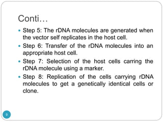 Conti…
 Step 5: The rDNA molecules are generated when
the vector self replicates in the host cell.
 Step 6: Transfer of the rDNA molecules into an
appropriate host cell.
 Step 7: Selection of the host cells carring the
rDNA molecule using a marker.
 Step 8: Replication of the cells carrying rDNA
molecules to get a genetically identical cells or
clone.
9
 
