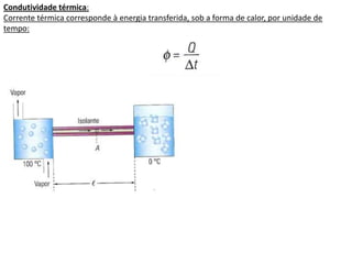 Condutividade térmica:
Corrente térmica corresponde à energia transferida, sob a forma de calor, por unidade de
tempo:
 