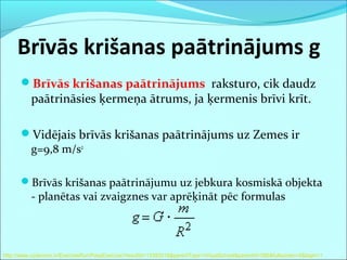 Brīvās krišanas paātrinājums g 
Brīvās krišanas paātrinājums raksturo, cik daudz 
paātrināsies ķermeņa ātrums, ja ķermenis brīvi krīt. 
Vidējais brīvās krišanas paātrinājums uz Zemes ir 
g=9,8 m/s2 
Brīvās krišanas paātrinājumu uz jebkura kosmiskā objekta 
- planētas vai zvaigznes var aprēķināt pēc formulas 
http://www.uzdevumi.lv/ExerciseRun/PassExercise?resultId=13392018&parentType=VirtualSchool&parentId=586&fullscreen=0&login=1 
 