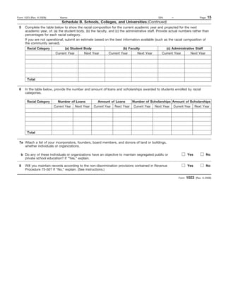 Form 1023 (Rev. 6-2006)       Name:                                                              EIN:     –                     Page   15
                               Schedule B. Schools, Colleges, and Universities (Continued)
 5    Complete the table below to show the racial composition for the current academic year and projected for the next
      academic year, of: (a) the student body, (b) the faculty, and (c) the administrative staff. Provide actual numbers rather than
      percentages for each racial category.
      If you are not operational, submit an estimate based on the best information available (such as the racial composition of
      the community served).
       Racial Category          (a) Student Body                        (b) Faculty                  (c) Administrative Staff
                          Current Year      Next Year          Current Year      Next Year         Current Year      Next Year




       Total

 6    In the table below, provide the number and amount of loans and scholarships awarded to students enrolled by racial
      categories.

       Racial Category      Number of Loans            Amount of Loans      Number of Scholarships Amount of Scholarships
                          Current Year Next Year     Current Year Next Year Current Year Next Year Current Year Next Year




       Total

 7a Attach a list of your incorporators, founders, board members, and donors of land or buildings,
    whether individuals or organizations.

   b Do any of these individuals or organizations have an objective to maintain segregated public or                  Yes              No
     private school education? If “Yes,” explain.

 8    Will you maintain records according to the non-discrimination provisions contained in Revenue                   Yes              No
      Procedure 75-50? If “No,” explain. (See instructions.)

                                                                                                               Form   1023   (Rev. 6-2006)
 