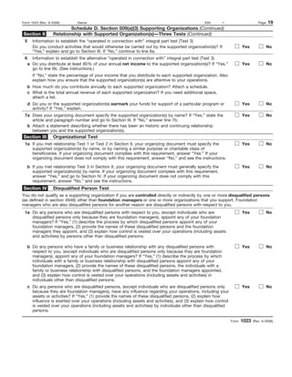 Form 1023 (Rev. 6-2006)      Name:                                                              EIN:       –                     Page   19
                          Schedule D. Section 509(a)(3) Supporting Organizations (Continued)
Section II        Relationship with Supported Organization(s)—Three Tests (Continued)
 5    Information to establish the “operated in connection with” integral part test (Test 3)
      Do you conduct activities that would otherwise be carried out by the supported organization(s)? If               Yes              No
      “Yes,” explain and go to Section III. If “No,” continue to line 6a.
 6   Information to establish the alternative “operated in connection with” integral part test (Test 3)
   a Do you distribute at least 85% of your annual net income to the supported organization(s)? If “Yes,”              Yes              No
     go to line 6b. (See instructions.)
      If “No,” state the percentage of your income that you distribute to each supported organization. Also
      explain how you ensure that the supported organization(s) are attentive to your operations.
   b How much do you contribute annually to each supported organization? Attach a schedule.
   c What is the total annual revenue of each supported organization? If you need additional space,
     attach a list.
   d Do you or the supported organization(s) earmark your funds for support of a particular program or                 Yes              No
     activity? If “Yes,” explain.
 7a Does your organizing document specify the supported organization(s) by name? If “Yes,” state the                   Yes              No
    article and paragraph number and go to Section III. If “No,” answer line 7b.
  b Attach a statement describing whether there has been an historic and continuing relationship
    between you and the supported organization(s).
Section III       Organizational Test
 1a If you met relationship Test 1 or Test 2 in Section II, your organizing document must specify the                  Yes              No
    supported organization(s) by name, or by naming a similar purpose or charitable class of
    beneficiaries. If your organizing document complies with this requirement, answer “Yes.” If your
    organizing document does not comply with this requirement, answer “No,” and see the instructions.

   b If you met relationship Test 3 in Section II, your organizing document must generally specify the                 Yes              No
     supported organization(s) by name. If your organizing document complies with this requirement,
     answer “Yes,” and go to Section IV. If your organizing document does not comply with this
     requirement, answer “No,” and see the instructions.
Section IV        Disqualified Person Test
You do not qualify as a supporting organization if you are controlled directly or indirectly by one or more disqualified persons
(as defined in section 4946) other than foundation managers or one or more organizations that you support. Foundation
managers who are also disqualified persons for another reason are disqualified persons with respect to you.
 1a Do any persons who are disqualified persons with respect to you, (except individuals who are                       Yes              No
    disqualified persons only because they are foundation managers), appoint any of your foundation
    managers? If “Yes,” (1) describe the process by which disqualified persons appoint any of your
    foundation managers, (2) provide the names of these disqualified persons and the foundation
    managers they appoint, and (3) explain how control is vested over your operations (including assets
    and activities) by persons other than disqualified persons.

   b Do any persons who have a family or business relationship with any disqualified persons with                      Yes              No
     respect to you, (except individuals who are disqualified persons only because they are foundation
     managers), appoint any of your foundation managers? If “Yes,” (1) describe the process by which
     individuals with a family or business relationship with disqualified persons appoint any of your
     foundation managers, (2) provide the names of these disqualified persons, the individuals with a
     family or business relationship with disqualified persons, and the foundation managers appointed,
     and (3) explain how control is vested over your operations (including assets and activities) in
     individuals other than disqualified persons.
   c Do any persons who are disqualified persons, (except individuals who are disqualified persons only                Yes              No
     because they are foundation managers), have any influence regarding your operations, including your
     assets or activities? If “Yes,” (1) provide the names of these disqualified persons, (2) explain how
     influence is exerted over your operations (including assets and activities), and (3) explain how control
     is vested over your operations (including assets and activities) by individuals other than disqualified
     persons.

                                                                                                                Form   1023   (Rev. 6-2006)
 