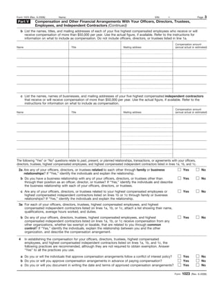 Form 1023 (Rev. 6-2006)        Name:                                                                    EIN:      –                        Page   3
Part V        Compensation and Other Financial Arrangements With Your Officers, Directors, Trustees,
              Employees, and Independent Contractors (Continued)
   b List the names, titles, and mailing addresses of each of your five highest compensated employees who receive or will
     receive compensation of more than $50,000 per year. Use the actual figure, if available. Refer to the instructions for
     information on what to include as compensation. Do not include officers, directors, or trustees listed in line 1a.
                                                                                                                        Compensation amount
Name                                     Title                                  Mailing address                         (annual actual or estimated)




   c List the names, names of businesses, and mailing addresses of your five highest compensated independent contractors
     that receive or will receive compensation of more than $50,000 per year. Use the actual figure, if available. Refer to the
     instructions for information on what to include as compensation.
                                                                                                                        Compensation amount
Name                                     Title                                  Mailing address                         (annual actual or estimated)




The following “Yes” or “No” questions relate to past, present, or planned relationships, transactions, or agreements with your officers,
directors, trustees, highest compensated employees, and highest compensated independent contractors listed in lines 1a, 1b, and 1c.
 2a Are any of your officers, directors, or trustees related to each other through family or business                         Yes              No
    relationships? If “Yes,” identify the individuals and explain the relationship.
   b Do you have a business relationship with any of your officers, directors, or trustees other than                         Yes              No
     through their position as an officer, director, or trustee? If “Yes,” identify the individuals and describe
     the business relationship with each of your officers, directors, or trustees.
   c Are any of your officers, directors, or trustees related to your highest compensated employees or                        Yes              No
     highest compensated independent contractors listed on lines 1b or 1c through family or business
     relationships? If “Yes,” identify the individuals and explain the relationship.
 3a For each of your officers, directors, trustees, highest compensated employees, and highest
    compensated independent contractors listed on lines 1a, 1b, or 1c, attach a list showing their name,
    qualifications, average hours worked, and duties.
   b Do any of your officers, directors, trustees, highest compensated employees, and highest                                 Yes              No
     compensated independent contractors listed on lines 1a, 1b, or 1c receive compensation from any
     other organizations, whether tax exempt or taxable, that are related to you through common
     control? If “Yes,” identify the individuals, explain the relationship between you and the other
     organization, and describe the compensation arrangement.

 4     In establishing the compensation for your officers, directors, trustees, highest compensated
       employees, and highest compensated independent contractors listed on lines 1a, 1b, and 1c, the
       following practices are recommended, although they are not required to obtain exemption. Answer
       “Yes” to all the practices you use.

   a Do you or will the individuals that approve compensation arrangements follow a conflict of interest policy?              Yes              No
   b Do you or will you approve compensation arrangements in advance of paying compensation?                                  Yes              No
   c Do you or will you document in writing the date and terms of approved compensation arrangements?                         Yes              No

                                                                                                                       Form   1023    (Rev. 6-2006)
 