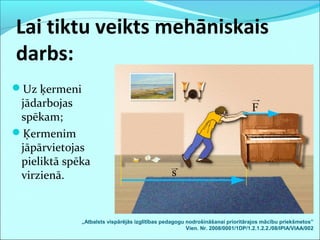 Uz ķermeni
jādarbojas
spēkam;
Ķermenim
jāpārvietojas
pieliktā spēka
virzienā.
Lai tiktu veikts mehāniskais
darbs:
„Atbalsts vispārējās izglītības pedagogu nodrošināšanai prioritārajos mācību priekšmetos”
Vien. Nr. 2008/0001/1DP/1.2.1.2.2./08/IPIA/VIAA/002
 