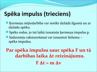 Spēka impulss (trieciens)
Ķermeņu mijiedarbība var notikt dažādā ilgumā un ar
dažādu spēku.
Spēks rodas, jo īsā laikā izmainās ķermeņa impulss p.
Sadursmju raksturošanai var izmantot lielumu –
spēka impulsu.
Par spēka impulsu sauc spēka F un tā
darbības laika Δt reizinājumu.
F Δt = m Δv
 