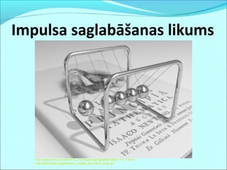 Impulsa saglabāšanas likums
http://www.dzm.lu.lv/dbz/IT/D_11/default.aspx@tabid=3&id=110_1.html
http://wikimedia.org/Newtons_cradle_animation_book.gif
 