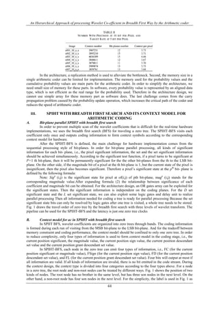 An Hierarchical Approach of processing Wavelet Co-efficient in Breadth First Way by the Arithmetic coder
44
In the architecture, a replication method is used to alleviate the bottleneck. Second, the memory size in a
single arithmetic coder can be limited for implementation. The memory used for the probability values and the
cumulative probability values are main parts for the arithmetic coder. In order to simplify the architecture, we
need small size of memory for these parts. In software, every probability value is represented by an aligned data
type, which is not efficient as the real range for the probability used. Therefore in the architecture design, we
cannot use simple array for these memory part as software does. The last challenge comes from the carry
propagation problem caused by the probability update operation, which increases the critical path of the coder and
reduces the speed of arithmetic coder.
III. SPIHT WITH BREADTH FIRST SEARCH AND ITS CONTEXT MODEL FOR
ARITHMETIC CODING
A. Bit-plane parallel SPIHT with breadth first search
In order to prevent multiple scan of the wavelet coefficients that is difficult for the real-time hardware
implementations, we uses the breadth first search (BFS) for traveling a zero tree. The SPIHT-BFS visits each
coefficient only once and outputs coding information to form context symbols according to the corresponding
context model for hardware.
After the SPIHT-BFS is defined, the main challenge for hardware implementation comes from the
sequential processing style of bit-planes. In order for bit-plane parallel processing, all kinds of significant
information for each bit- plane, i.e., the pixel significant information, the set and the set significant information
should be achieved simultaneously. According to the significant test function, if a pixel turns to be significant at
P+1 th bit-plane, then it will be permanently significant for the the other bit-planes from the th to the LSB bit-
plane. On the other side, if the magnitude bit of a pixel at the th bit-plane is 1, but the current state of the pixel is
insignificant, then the pixel also becomes significant. Therefore a pixel’s significant state at the pth
bit- plane is
defined by the following formula:
Note: Sigp
(i,j) is the significant state for pixel at of(i,j) of pth bit-plane, magp
(i,j) stands for the
corresponding magnitude value.After expanding formula (2) the relationship between significance of each
coefficient and magnitude bit can be obtained. For the architecture design, an OR gates array can be exploited for
the significant states. Then the significant information is independent on the coding planes. For the D set
significant state and the L set significant state, we can also exploit some logic gates and delay unit to realize
parallel processing Then all information needed for coding a tree is ready for parallel processing Because the set
significant state bits can only be resolved by logic gates after one tree is visited, a whole tree needs to be stored.
Fig. 1 draws the travel order of zero tree by the breadth first search with three levels of wavelet transform. The
pipeline can be used for the SPIHT-BFS and the latency is just one zero tree clocks
B. Context model for ac in SPIHT with breadth first search
In SPIIT BFS, wavelet coefficients are organized into zero trees through bands. The coding information
is formed during each run of visiting from the MSB bit-plane to the LSB bit-plane. And for the tradeoff between
memory constraint and coding performance, the context model should be confined to only one zero tree. In order
to reduce complexity, only four types of information is used to form context model in the coding stage, i.e., the
current position significant, the magnitude value, the current position sign value, the current position descendant
set value and the current position grant descendant set value.
In SPIHT-BFS, each node in the zero tree can emit four types of information, i.e., FC (for the current
position significant or magnitude value), FSign (for the current position sign value), FD (for the current position
descendant set value), and FL (for the current position grant descendant set value). Four bits will output at most if
all information are valid. If all kinds of information are invalid, there is no bit emitted in the code stream. During
the context design, the context type is divided into four categories according to the four types above. For a node
in a zero tree, the root node and non-root nodes can be treated by different ways. Fig. 1 shows the position of two
kinds of nodes. The root node has no brother in the same level, but has three son nodes in the next level. On the
other hand, a non-root node has four son nodes in the next level. For the simplicity, the label is used in Fig. 1 as
 