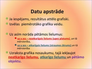 Datu apstrāde 
Ja iespējams, rezultātus attēlo grafiski. 
Izvēlas piemērotāko grafika veidu. 
Uz asīm norāda pētāmos lielumus: 
uz x ass – neatkarīgais lielums (upes platums) un tā 
mērvienība, 
uz y ass – atkarīgais lielums (straumes ātrums) un tā 
mērvienība 
Uzraksta grafika nosaukumu, tajā iekļaujot 
neatkarīgo lielumu, atkarīgo lielumu un pētāmo 
objektu. 
 